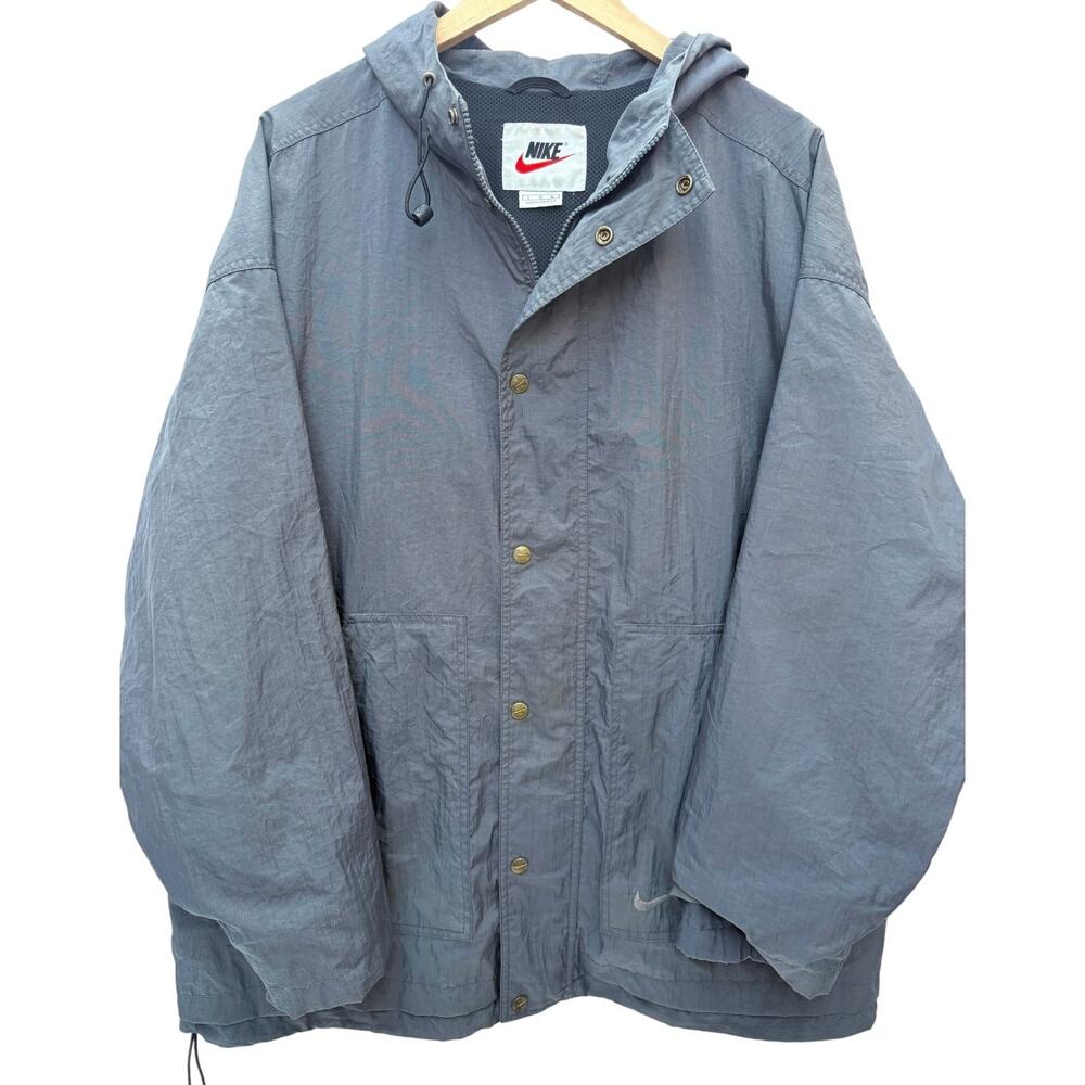 Vintage Nike Hooded Windbreaker Jacket Men's L Gray Snap Front Swoosh